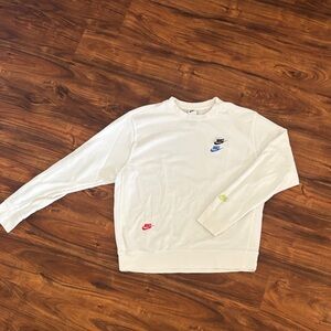 Nike Men's White Crewneck Sweatshirt with multi colored embroidered logos